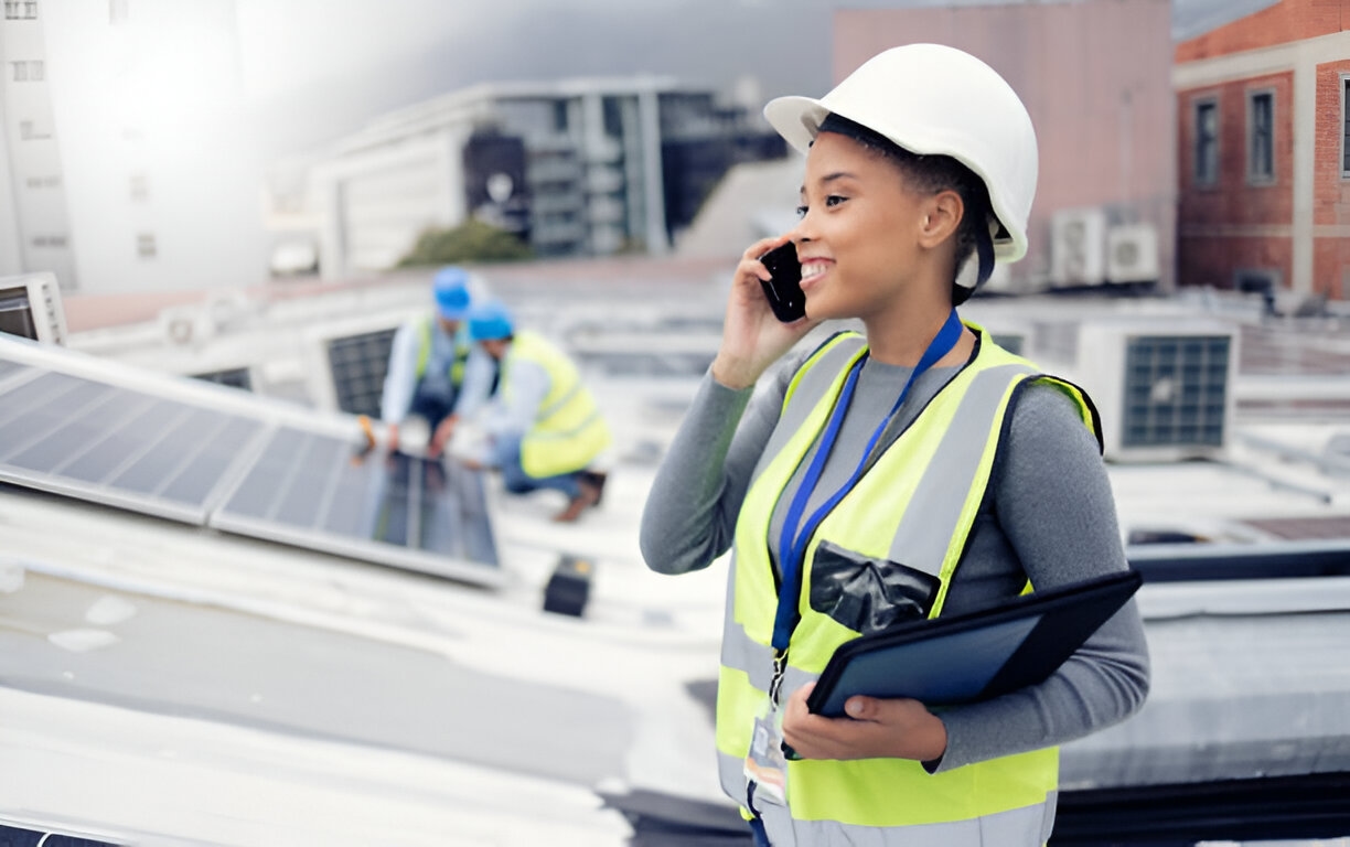 Woman on a call with distant solar panels in the background