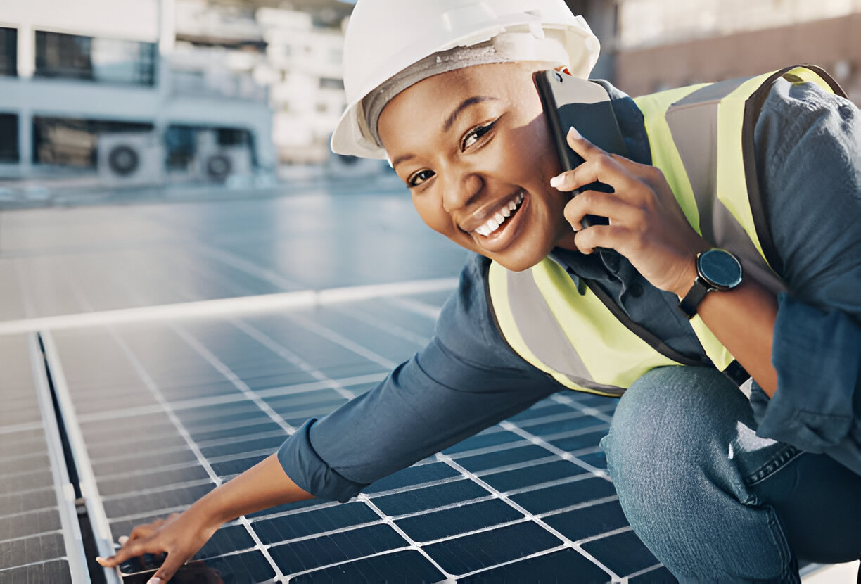 Woman on a call with distant solar panels in the background