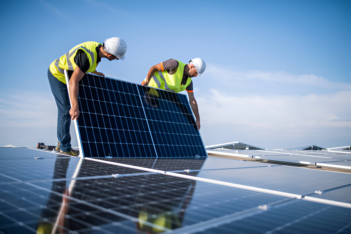 Solar panels array under blue sky